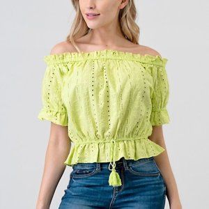 NWOT 100% Cotton Off The Shoulder Eyelet Crop Top with Ruffle Hem in Lime Green